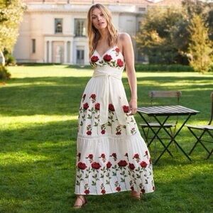 Antonio Melani Henry Red Rose Embroidered Maxi Dress Women 6 Floral Wedding